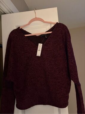 White House Black Market Burgundy V-Neck Bouclé Sweater